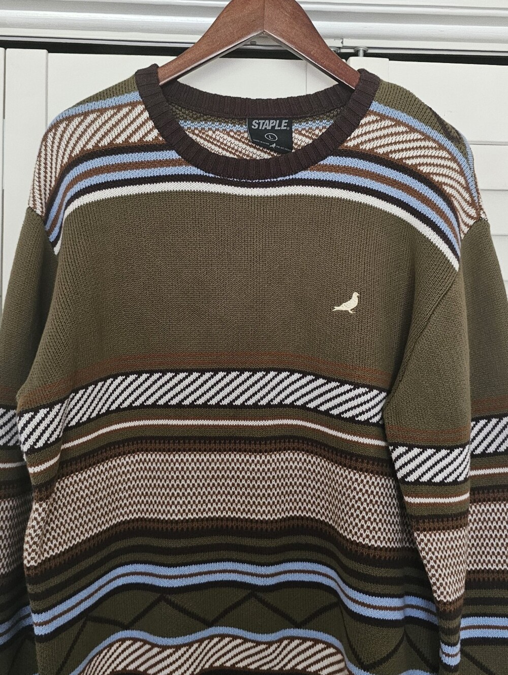 Staple Pigeon Macdougal Sweater Size L Olive Green Crew Neck Stripe Knit Mens - Picture 3 of 11